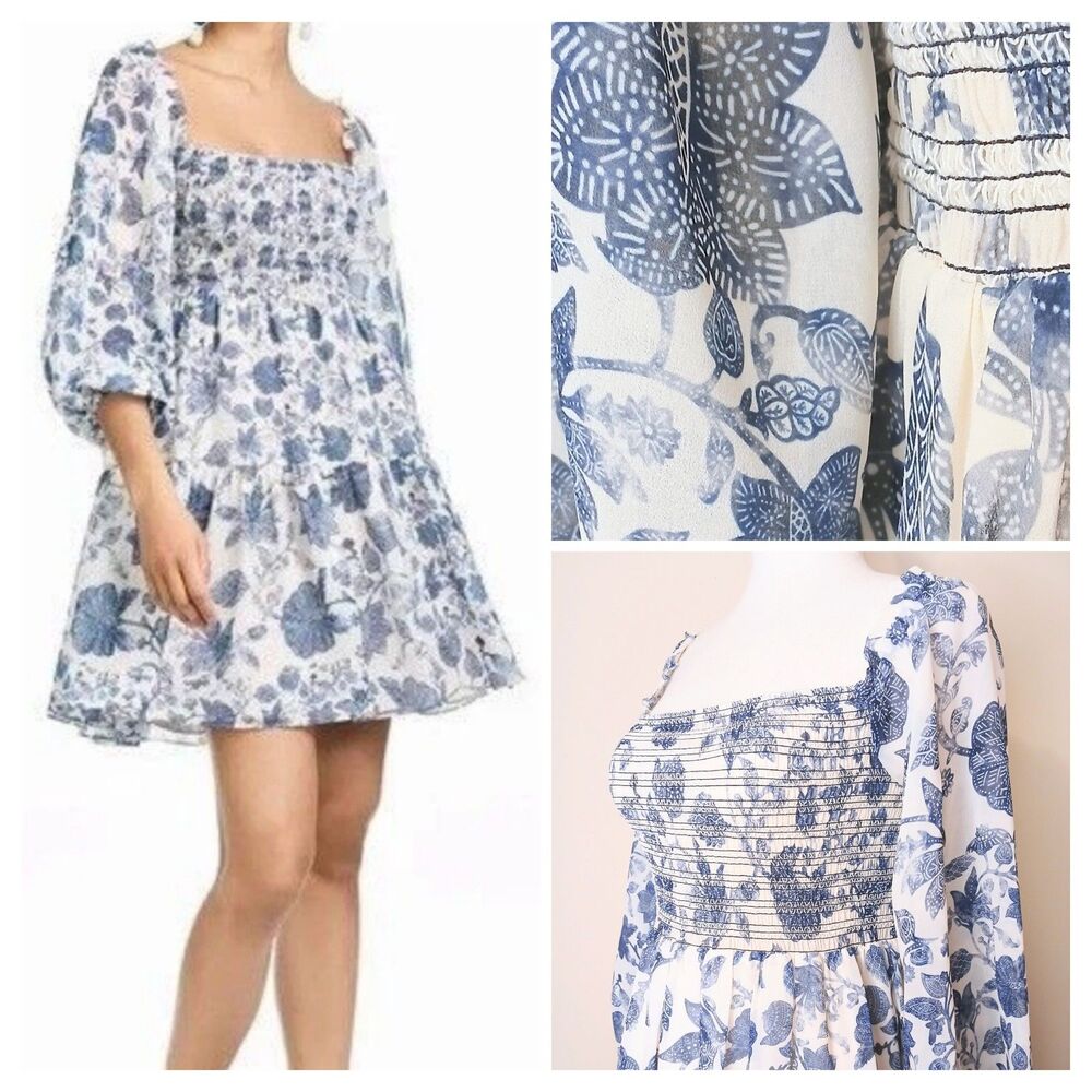 Sachin & Babi Dress Sz Small Blue Floral Shirred Mini w/ Baloon Sleeve Lined NWT